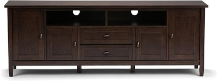 SIMPLIHOME Warm Shaker SOLID WOOD Universal TV Media Stand, 72 Inch Wide, Farmhouse Rustic, Living Room Entertainment Center, for Flat Screen TVs up to 80 Inch in Tobacco Brown - LeafyLoom