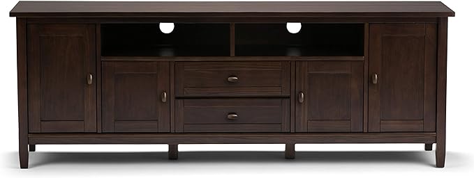 SIMPLIHOME Warm Shaker SOLID WOOD Universal TV Media Stand, 72 Inch Wide, Farmhouse Rustic, Living Room Entertainment Center, for Flat Screen TVs up to 80 Inch in Tobacco Brown - LeafyLoom