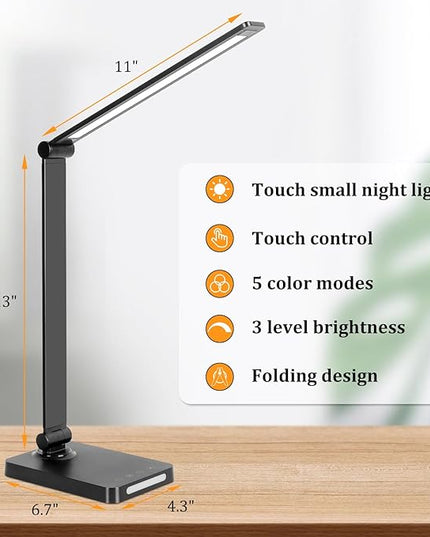 LED Desk Lamp with USB Ports,Touch Desk Lamps for Home Office with 5 Color Modes,3 Brightness Desk Light with Small Night Light,Reading Lamp Table Lamp for Bedroom Bedside Study Black （with adapter） - LeafyLoom