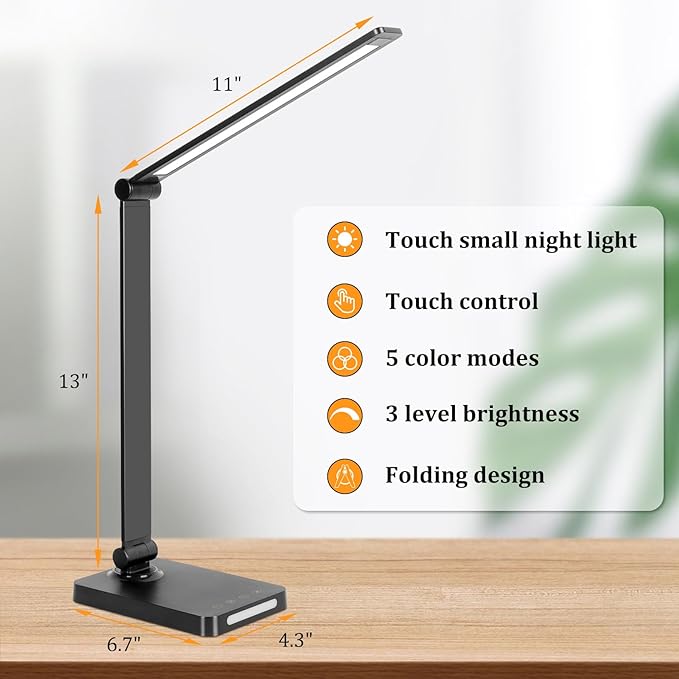 LED Desk Lamp with USB Ports,Touch Desk Lamps for Home Office with 5 Color Modes,3 Brightness Desk Light with Small Night Light,Reading Lamp Table Lamp for Bedroom Bedside Study Black （with adapter） - LeafyLoom