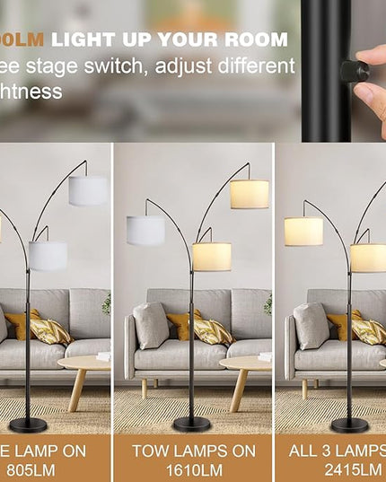 Arc Floor Lamps for Living Room,Modern Mid Century Tall Standing Floor Lamp with Heavy Base for Bedroom Office,3-Light Floor Lamp with Adjustable Hanging and 3 LED Bulbs (Black+White Shade) - LeafyLoom