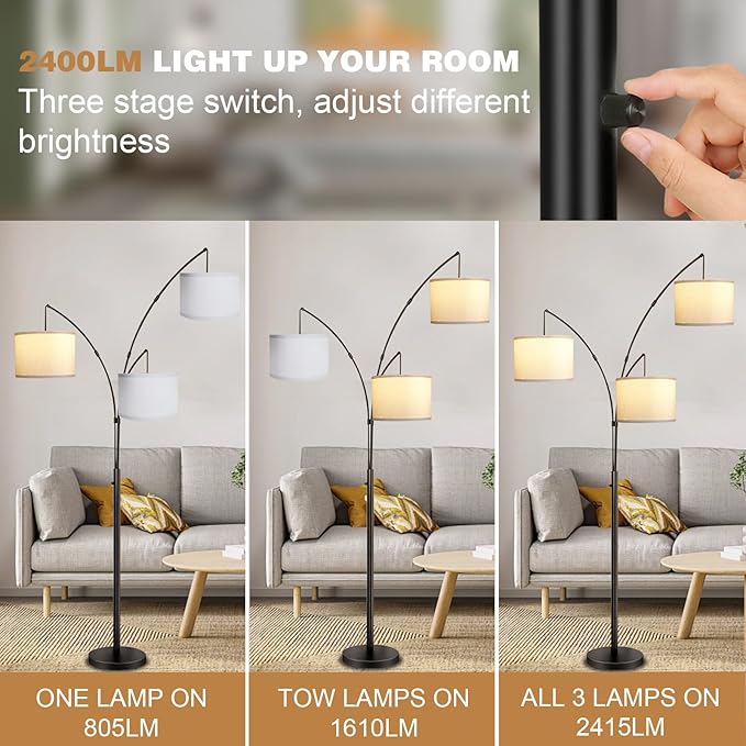 Arc Floor Lamps for Living Room,Modern Mid Century Tall Standing Floor Lamp with Heavy Base for Bedroom Office,3-Light Floor Lamp with Adjustable Hanging and 3 LED Bulbs (Black+White Shade) - LeafyLoom