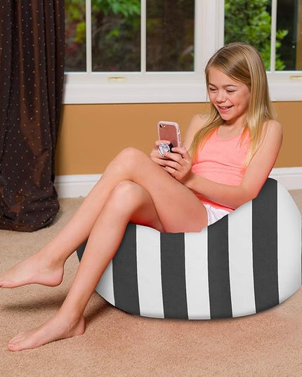 Posh Creations Bean Bag Chair for Kids, Teens, and Adults Includes Removable and Machine Washable Cover, Canvas Stripes Gray and White, 27in - Medium - LeafyLoom