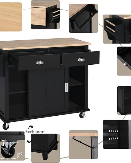 Cart with Rubber Wood Drop-Leaf Countertop and Sliding Barn Door, Rolling Mobile Island on Wheels w/Storage and Towel Rack for Dining Room Kitchen, Black, 52.2 Inch - LeafyLoom