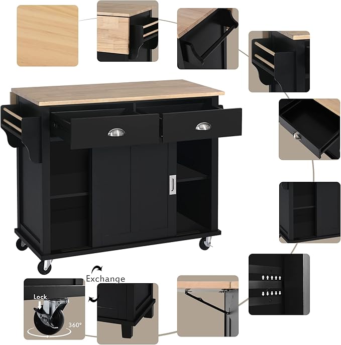 Cart with Rubber Wood Drop-Leaf Countertop and Sliding Barn Door, Rolling Mobile Island on Wheels w/Storage and Towel Rack for Dining Room Kitchen, Black, 52.2 Inch - LeafyLoom