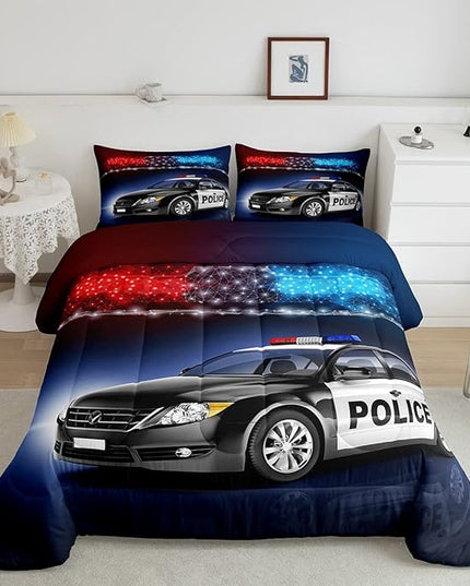 Erosebridal Police Car Comforter Sets Queen Size,Policeman Vehicle Bedding Set For Kids Boys Children,Red Blue Cop Lights Down Comforter Geometric Graphics Duvet Sets Bedroom Decor With 2 Pillow Cases - LeafyLoom
