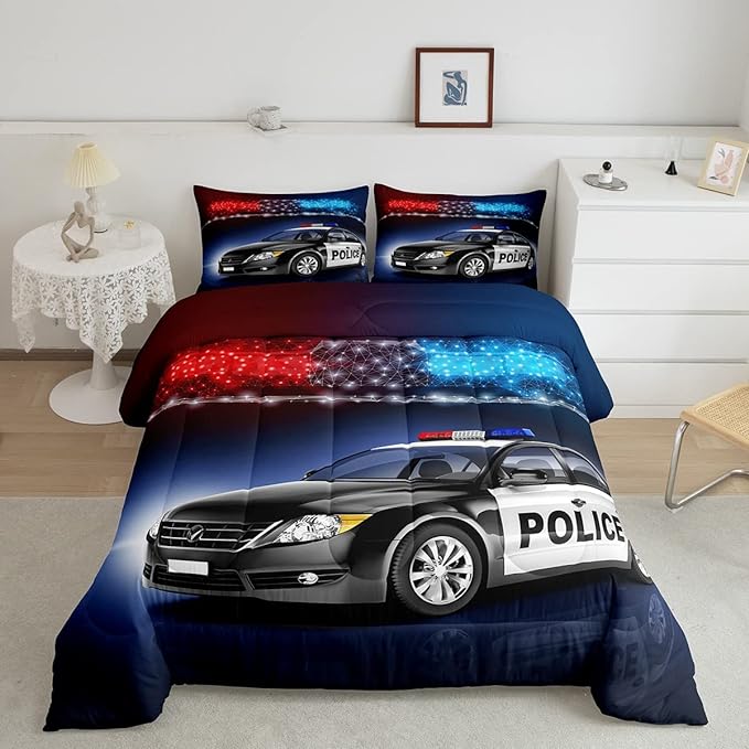 Erosebridal Police Car Comforter Sets Queen Size,Policeman Vehicle Bedding Set For Kids Boys Children,Red Blue Cop Lights Down Comforter Geometric Graphics Duvet Sets Bedroom Decor With 2 Pillow Cases - LeafyLoom