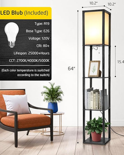 Shelf Floor Lamp, Shelves Floor Lamp for Living Room Bedroom, 4-Tier Modern Shelf Floor Lamp with 3CCT LED Blub(Black) - LeafyLoom