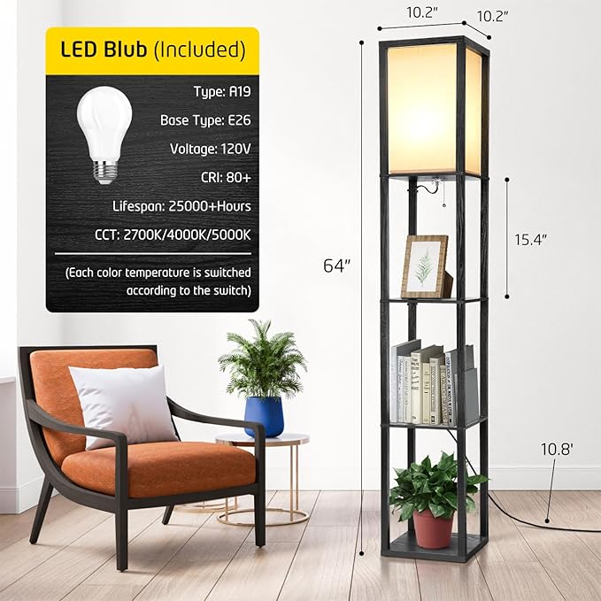 Shelf Floor Lamp, Shelves Floor Lamp for Living Room Bedroom, 4-Tier Modern Shelf Floor Lamp with 3CCT LED Blub(Black) - LeafyLoom