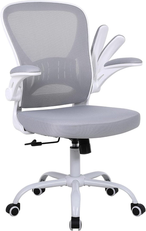 Mesh Office Chair, Ergonomic Computer Chair with Flip-up Arms and Lumbar Support, Height Adjustable Home Office Desk Chairs, Grey - LeafyLoom