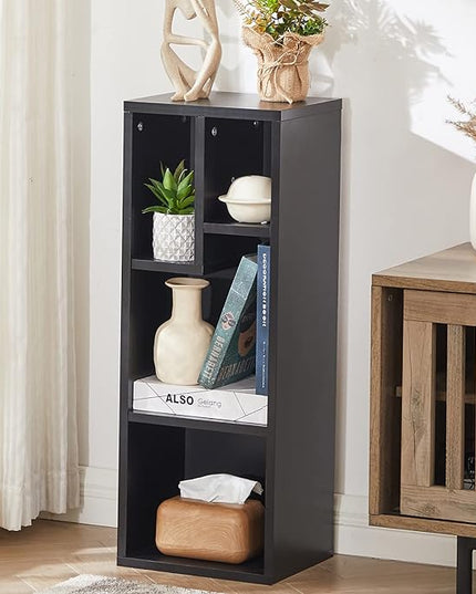 VECELO Small Bookshelf, 4 Cube Slim Bookcase, Fits Tallest Hardcovers, Horizontal Available, Modern Floor Standing Unit, Each Shelf Hold Up to 66 LBS, Matte Black - LeafyLoom