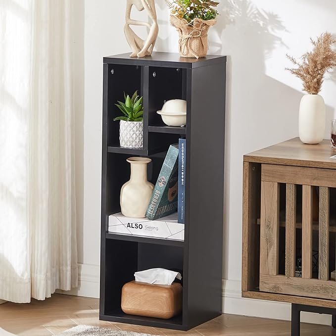 VECELO Small Bookshelf, 4 Cube Slim Bookcase, Fits Tallest Hardcovers, Horizontal Available, Modern Floor Standing Unit, Each Shelf Hold Up to 66 LBS, Matte Black - LeafyLoom