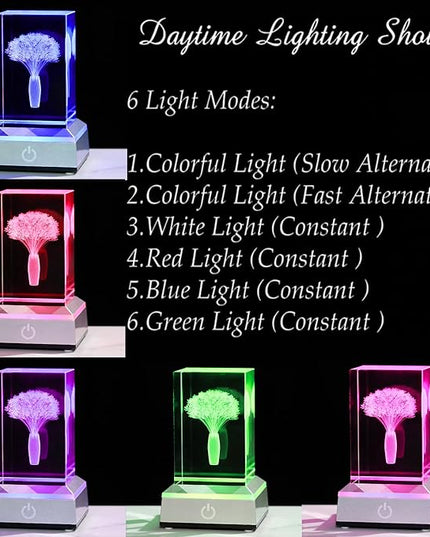3D Crystal Babys Breath with Colorful Light Base Laser Engraved- Fake Baby Breath Flowers Figurines Statue Laser Engraved - Baby's Breath Room Party Classroom Nature Decor Birthday Mothers Day Valenti - LeafyLoom