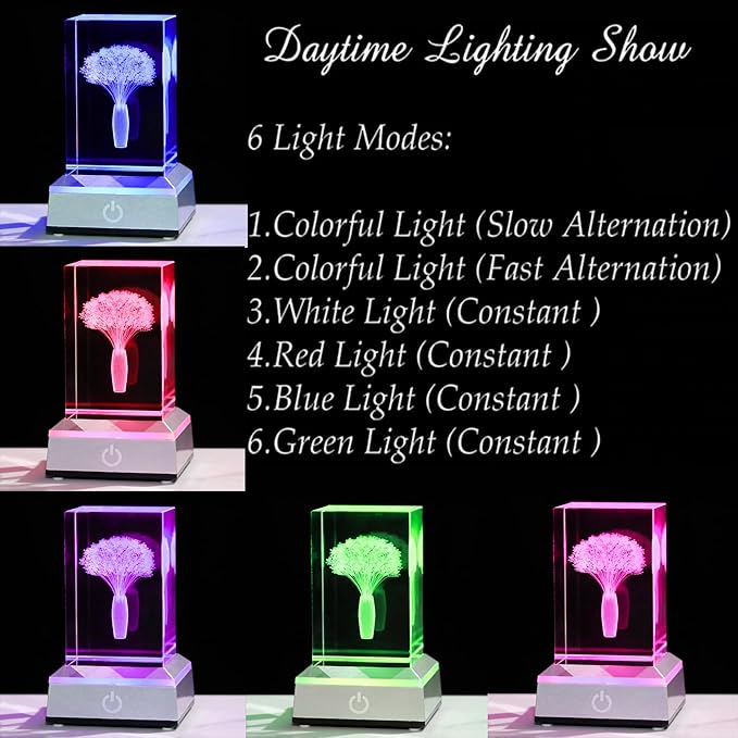 3D Crystal Babys Breath with Colorful Light Base Laser Engraved- Fake Baby Breath Flowers Figurines Statue Laser Engraved - Baby's Breath Room Party Classroom Nature Decor Birthday Mothers Day Valenti - LeafyLoom