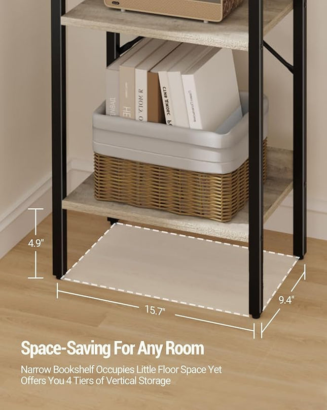 Bookshelf, Book Shelf, Industrial Bookcase with 2 Hooks, Coner Shelf Storage Organizer for Home Office, Living Room, Bedroom, Kitchen, 4-Tier Greige BC10405B - LeafyLoom