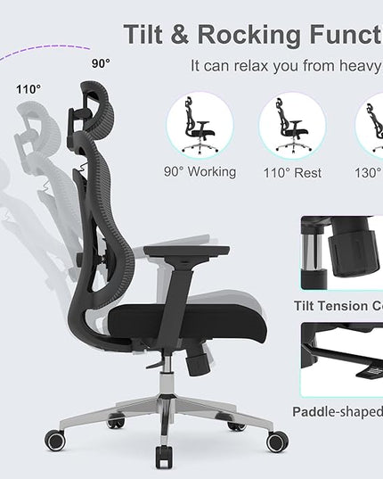 Ergonomic Mesh Office Chair, High Back Desk Chair with 3D Armrests, Adaptive Thoracic Support, 3D lumbar support & Adjustable Headrest, Home Swivel Computer Chair with Tilt Function - LeafyLoom