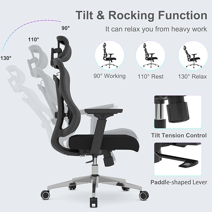 Ergonomic Mesh Office Chair, High Back Desk Chair with 3D Armrests, Adaptive Thoracic Support, 3D lumbar support & Adjustable Headrest, Home Swivel Computer Chair with Tilt Function - LeafyLoom