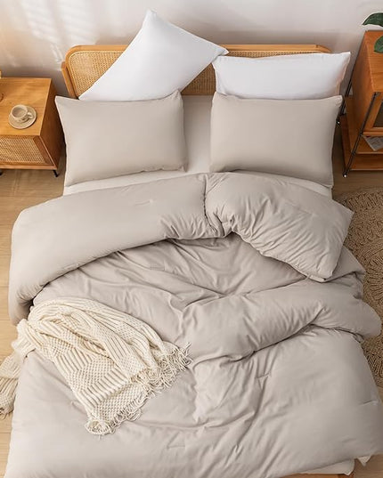 Twin Size Comforter Sets Solid Color 2PCS Boho Beige Bed Comforter Set Tannish Grey Soft Lightweight Microfiber Kids Bedding Set for All Season (1 Comforter, 1 Pillowcase) - LeafyLoom