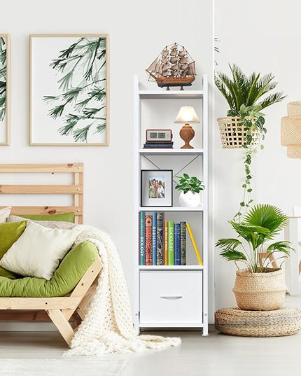 Narrow-Bookshelf-With-Storage-Drawer, 5-Tier Small Standing Book Shelf Organizer For Small Space, Tall Thin Bookcase Shelf For Bedroom Living Room Office, Wooden Shelving Unit Rack For Display - LeafyLoom