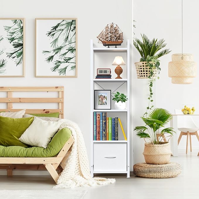 Narrow-Bookshelf-With-Storage-Drawer, 5-Tier Small Standing Book Shelf Organizer For Small Space, Tall Thin Bookcase Shelf For Bedroom Living Room Office, Wooden Shelving Unit Rack For Display - LeafyLoom