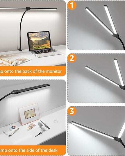 ShineTech Led Desk Lamp for Office Home, Bright Double Head Desk Light with Clamp, Architect Task Lamp 50 Lighting Modes Adjustable Flexible Gooseneck - LeafyLoom