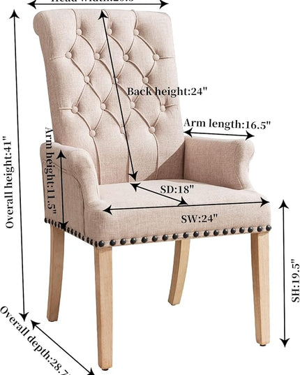 Dining Room Chairs with Arms,Tufted Upholstered High Back Nailed Trim with Untique Oak Wood Legs for Kitchen Restaurant Room Bedroom Ivory Brown - LeafyLoom