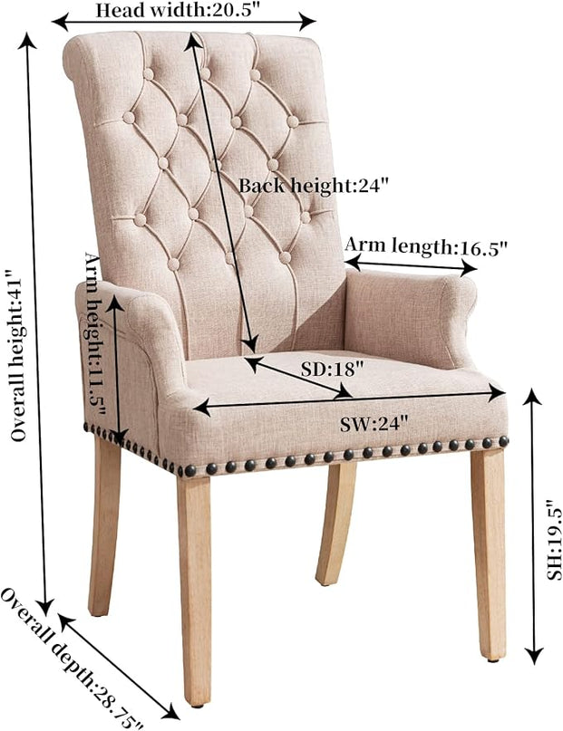Dining Room Chairs with Arms,Tufted Upholstered High Back Nailed Trim with Untique Oak Wood Legs for Kitchen Restaurant Room Bedroom Ivory Brown - LeafyLoom
