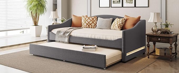 RITSU Twin Size Teddy Fleece Upholstered Daybed with Light and Trundle, Smarter LED Sofa Bed Frame, No Spring Box Needed, Modern Design, Weight Capacity 500 LBS, for Bedroom, Living Room, Gray - LeafyLoom