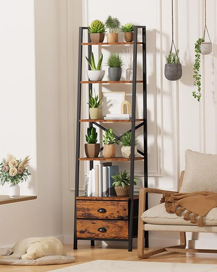 Furologee 5-Tier Ladder Shelf with 2 Drawers,Narrow Bookshelf Storage Shelves,Industrial Bookcase Freestanding Shelf Units for Bedroom,Living Room,Bathroom,Home Office,Balcony,Wood Metal,Rustic Brown - LeafyLoom