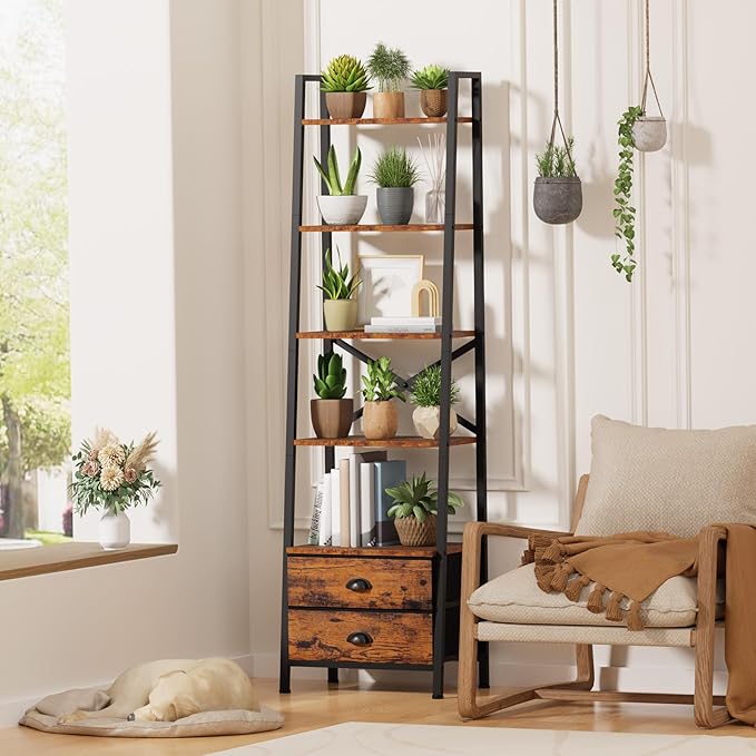 Furologee 5-Tier Ladder Shelf with 2 Drawers,Narrow Bookshelf Storage Shelves,Industrial Bookcase Freestanding Shelf Units for Bedroom,Living Room,Bathroom,Home Office,Balcony,Wood Metal,Rustic Brown - LeafyLoom
