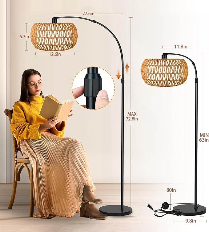 Arc Floor Lamp for Living Room, 3 Color Temperatures Farmhouse Standing Lamps with Remote & Dimmable Bulb, Rattan Boho Floor Lamp with Fabric Shades, Adjustable Tall Lamp for Bedroom Office - LeafyLoom