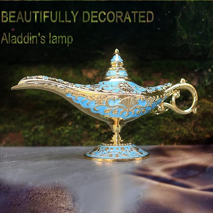 Legend Aladdin Lamp Magic Genie Wishing Light, Classic Arabian Nights Costume Props Lamp Table Decor for Home Wedding Party Halloween Birthday Beautiful Gift Toy for Women Girl (Lake Blue) - LeafyLoom
