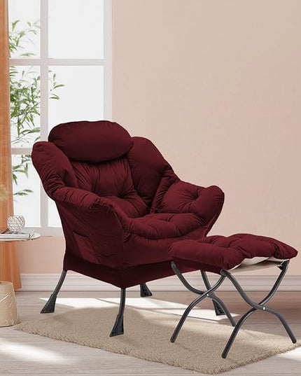 Lazy Chair with Folding Ottoman, Accent Chair Velvet Upholstered with Metal Structure and Non-Slip Pads, Sofa Armchair with Footrest and Side Storage Bag for Dorm, Room, Office, Burgundy - LeafyLoom