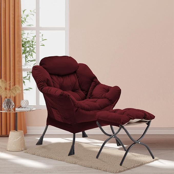 Lazy Chair with Folding Ottoman, Accent Chair Velvet Upholstered with Metal Structure and Non-Slip Pads, Sofa Armchair with Footrest and Side Storage Bag for Dorm, Room, Office, Burgundy - LeafyLoom