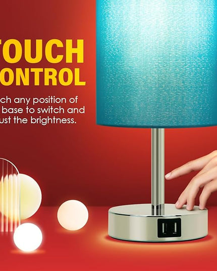 Yarra-Decor Blue Fabric Shade Touch Control Table Lamp with USB Ports, 3 Way Dimmable Nightstand Lamp for Bedroom, Living Room, Kids Room, College Dorm, Office - LeafyLoom