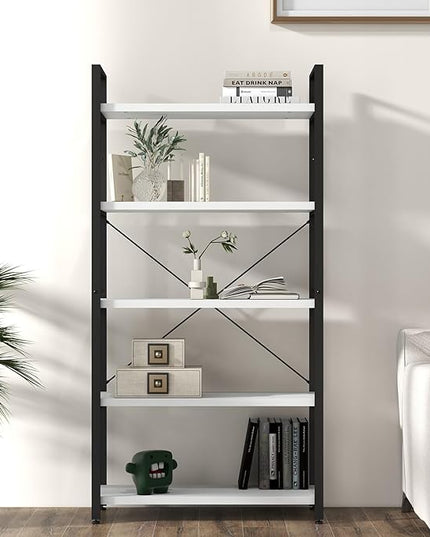 Panana 5 Tier Industrial Rustic Wooden Bookshelves, Vintage Open Wood and Metal Farmhouse Bookshelf Heavy Duty Storage Shelving Unit Rack (White) - LeafyLoom