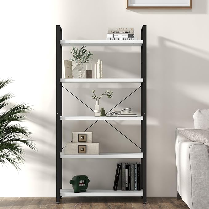 Panana 5 Tier Industrial Rustic Wooden Bookshelves, Vintage Open Wood and Metal Farmhouse Bookshelf Heavy Duty Storage Shelving Unit Rack (White) - LeafyLoom