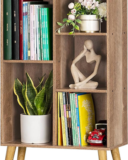 5 Cube Small Bookshelf,3 Tier Mid-Century Modern Bookcase with Legs,Wood Kids Bookshelves Storage Organizer Shelf,Free Standing Narrow Book Shelves,Oak Grey Corner Bookcases for Bedroom,Living Room - LeafyLoom