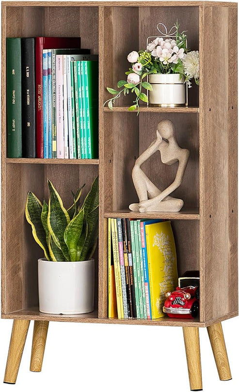 5 Cube Small Bookshelf,3 Tier Mid-Century Modern Bookcase with Legs,Wood Kids Bookshelves Storage Organizer Shelf,Free Standing Narrow Book Shelves,Oak Grey Corner Bookcases for Bedroom,Living Room - LeafyLoom