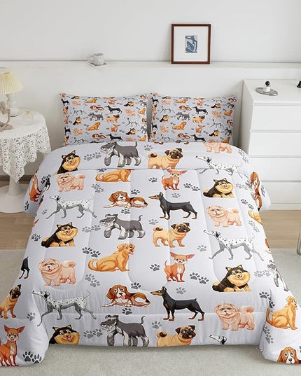 Kids Cute Dog Comforter Set Cartoon Dogs Bedding Set for Boys Girls Pet Dog Puppy Animal Lover Comforter Lovely Dog Paw Comforter for All Season Room Decor King Size Boys - LeafyLoom