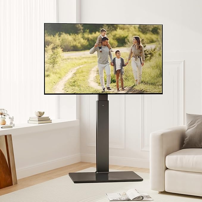 FITUEYES Universal Floor TV Stand Swivel Mount Height Adjustable for 27 32 55 65 70 inch Flat and Curved Screen TVs, Tempered Glass Base Black TV Stands with Cable Management Modern - LeafyLoom