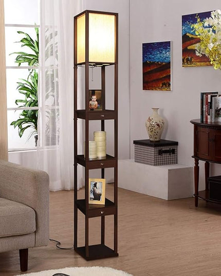 Brightech Maxwell Drawer Edition - Modern Shelf Floor Lamp with Drawer - Corner Display Floor Lamps with Shelves for Living Room, Bedroom and Office - Havana Brown - LeafyLoom