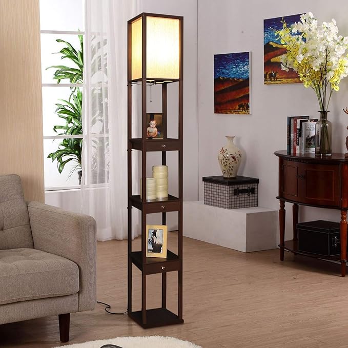 Brightech Maxwell Drawer Edition - Modern Shelf Floor Lamp with Drawer - Corner Display Floor Lamps with Shelves for Living Room, Bedroom and Office - Havana Brown - LeafyLoom