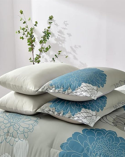 Yiran 7 Pieces Bed in a Bag King Comforter Set Blue Floral Comforter Sets Soft Microfiber Flowers Bedding Set (1 Comforter 1 Flat Sheet 1 Fitted Sheet 2 Pillowshams 2 Pillowcases) - LeafyLoom