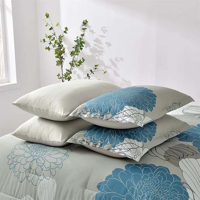 Yiran 7 Pieces Bed in a Bag King Comforter Set Blue Floral Comforter Sets Soft Microfiber Flowers Bedding Set (1 Comforter 1 Flat Sheet 1 Fitted Sheet 2 Pillowshams 2 Pillowcases) - LeafyLoom
