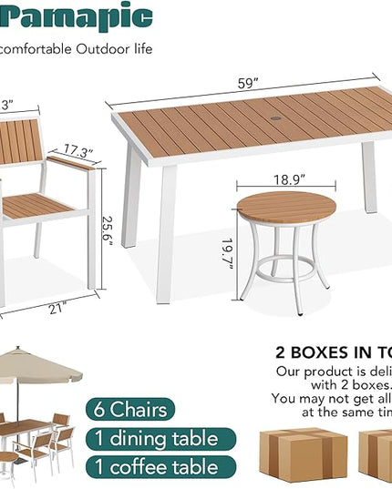 Pamapic 8-Piece Patio Dining Set，Outdoor Aluminum Furniture Set with Plastic-Wood Table Top,Outdoor Furniture Set with 6 Outdoor Stackable Chairs for Patio Garden Poolside (White) - LeafyLoom