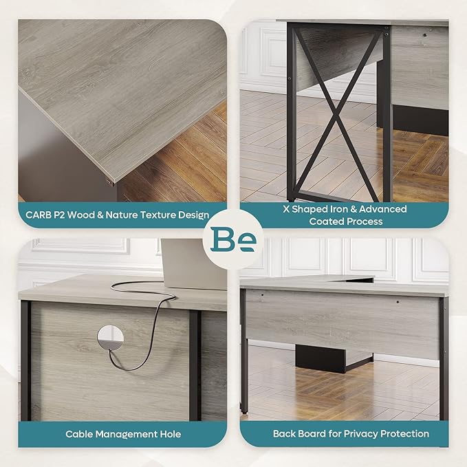 Bestier Lift Top L Shaped Desk with File Drawer, 55'' x 55'' Office Desk with Reversible Storage Drawers, L Shaped Standing Desk with Computer Monitor Stand (Retro Grey Oak Light) - LeafyLoom