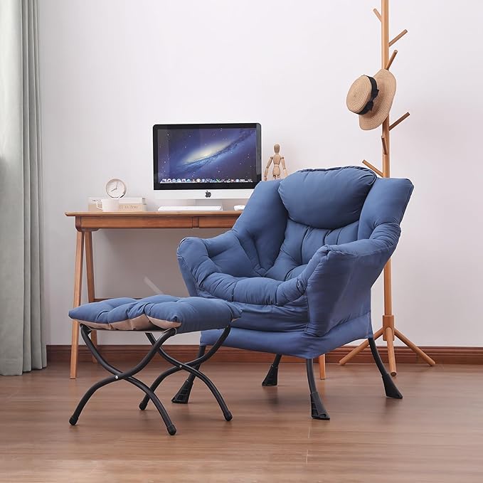 Lazy Chair and Ottoman, Large Accent Lounge Chair with Armrests and a Side Pocket, Modern Leisure Upholstered Sofa Reading Armchair with Footrest for Bedroom, Living Room, Dorm Rooms, Office - LeafyLoom
