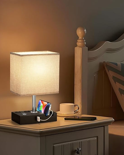 Kakanuo Nightstand Lamp for Bedroom with Dual USB Ports, Grey Touch Control Bedside Table Lamp with Charging Outlets and Phone Stands, 3-Way Dimmable Desk Lamp for Living Room, LED Bulb Included - LeafyLoom