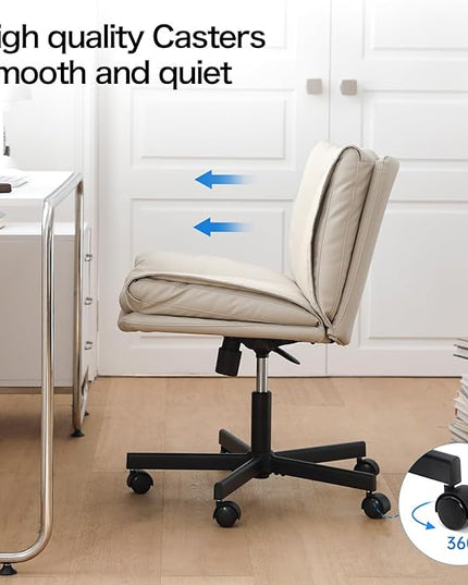LEAGOO Armless Desk Chair, Office Chair with Wheels, PU-Leather Desk Chair, Modern Swivel Height Adjustable Office Chair with Wide Seat for Home, Office, Make Up, Bed Room - Beige - LeafyLoom